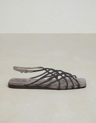 Brunello Cucinelli Gray Leather Flat Womens Sandals