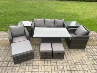 Fimous Outdoor Rattan Furniture Sofa Garden Dining Sets Adjustable Rising lifting Table & Chair Set With 3 Footstools in Dark Grey