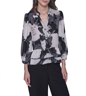 Karl Lagerfeld V-Neck Floral Print Ruffle Blouse In Charcoal