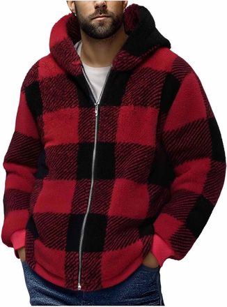 Generic Teddy Bear Coat Men Winter Sherpa Fleece Lined Jacket Checked Hooded Fluffy Coat Mens Outdoor Fleece Jackets Furry Overcoats Long Sleeve Plaid Hoodies