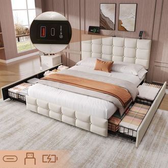 Matteo Beige Double Velvet Upholstered Bed Frame with 4 Storage Drawers & Adjustable Headboard with USB Charging Ports