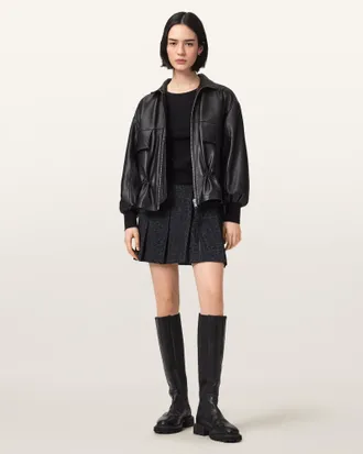 AllSaints Polyester Viola Leopard Print Pleated Mini Skirt, Size: UK 14/US 10