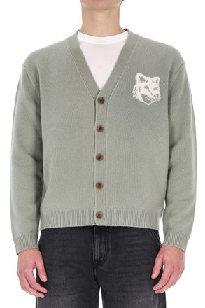 Maison Kitsun&eacute; Merino Wool Cardigan with Large Fox Embroidery