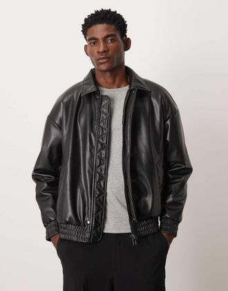 Only & Sons Giacca bomber imbottita oversize in pelle sintetica nera-Nero