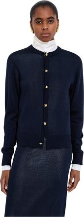 Bottega Veneta Truien & Vesten, Dames, Blauw, M, Lichtgewicht Dubbellaags Zijde-Gebreide Cardigan