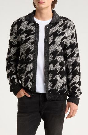 John Varvatos Venosa Houndstooth Cotton & Alpaca Blend Cardigan in Black/White at Nordstrom, Size Xx-Large