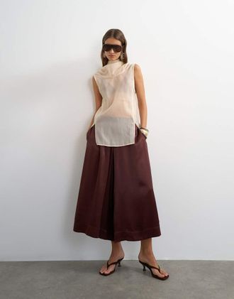Topshop Pantaloni culotte in raso color cioccolato-Marrone