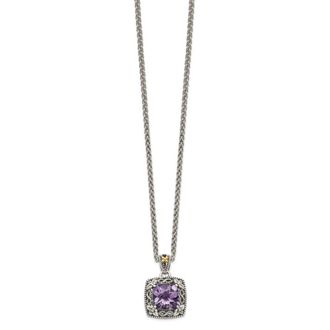 Diamond2Deal Sterling Silver with 14K Accent Cushion Amethyst Pendant Necklace