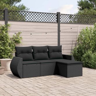 vidaXL Juego De Sof&aacute;s Jard&iacute;n 4 Pzas Con Cojines Rat&aacute;n Sint&eacute;tico Negro Vidaxl