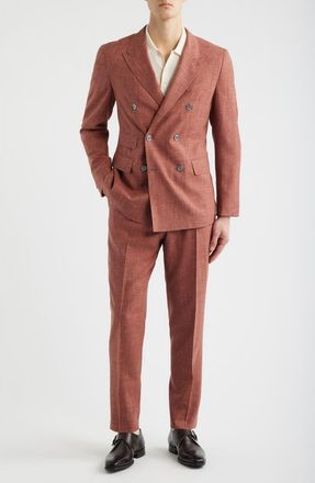 BOSS Heston Slim Fit Brown Slub Wool Blend Peak Lapel Double Breasted Suit in Medium Brown at Nordstrom, Size 38 Regular