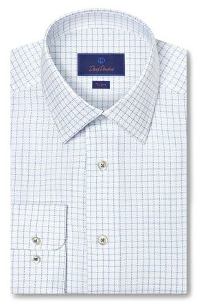 David Donahue Trim Fit Dobby Check Cotton Dress Shirt in White/Blue at Nordstrom, Size 18.5 - 34