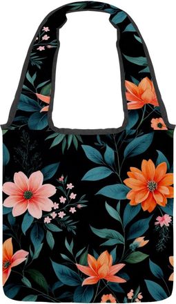 Generic Floral with Leaves Reversible Canvas Shoulder Tote - Double-Sided Print, 12oz Cotton, 27cm Drop, Fold-Flat Bag for Travel, Shopping, Street Outings