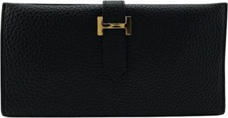 Herm&egrave;s Black Leather Long Wallet (Bi-Fold) (Pre-Owned)
