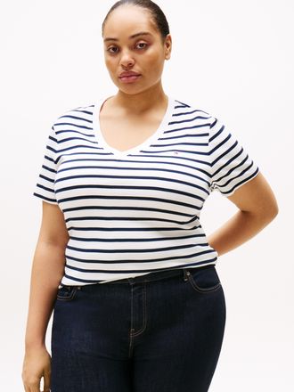 Tommy Hilfiger V-Shirt TOMMY HILFIGER CURVE CRV SLIM CODY V-NK SS, Damen, Gr. 46, blau (breton schwarz night navy stp), Single Jersey, Obermaterial: 100% Baumwolle, 