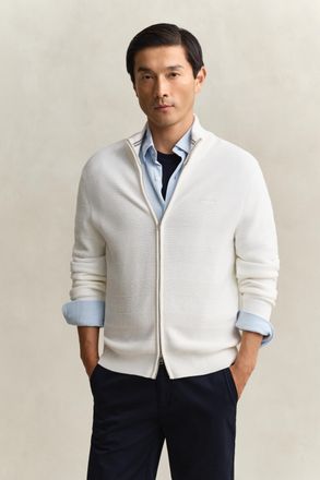 GANT Men Textured Cotton Zip Cardigan (XXXL) EGGSHELL