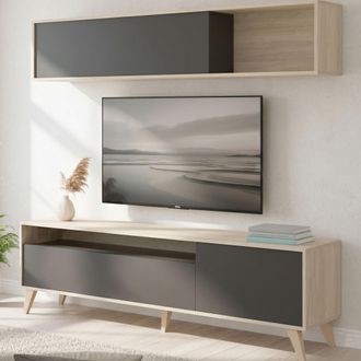 Dmora Dmora - Mueble Tv Dmillic, Conjunto De Sal&oacute;n Mueble Tv, Mueble Sal&oacute;n Multiusos, 180x41h180 Cm, Antracita Y Roble Nodi