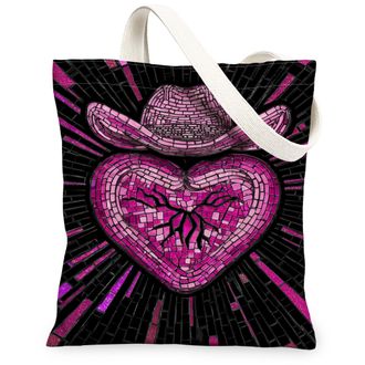 Generic Vintage Western Heart Mosaic Canvas Tote Bags, Stylish Peach Design Reusable Grocery Bags, Lightweight Washable Shoulder St, Peach, 13x15 Inch