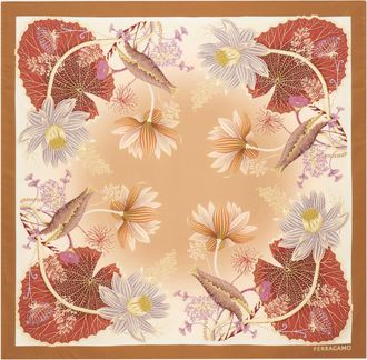 Ferragamo Women Water lilies print silk scarf Beige