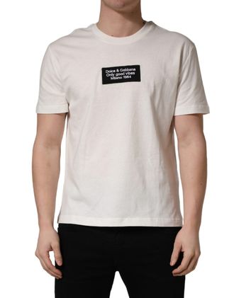 Dolce & Gabbana White Logo Patch Cotton Men Crew Neck Mens T-shirt