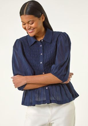 Roman Collar Shirred Button Blouse