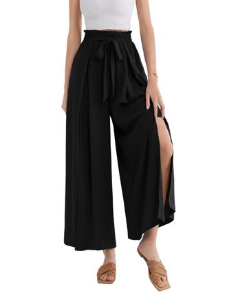 Grace Karin Ladies Casual Split Flowy Palazzo Pants with Pockets Ankle Wide Leg Pants Black 2XL