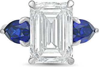 Diana M. Jewels Platinum lab grown 8ct emerald diamond ring with sapphire pears on the sides
