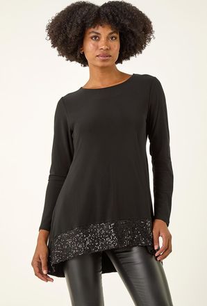 Roman Sequin Hem Stretch Tunic Top