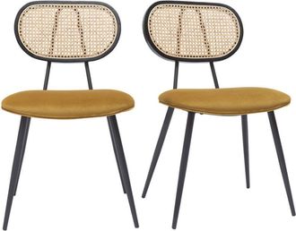 Miliboo Miliboo - Set De 2 Sillas De Dise&ntilde;o De Terciopelo Bronce, Metal Negro Y Rejilla De Rat&aacute;n Natural Tolma