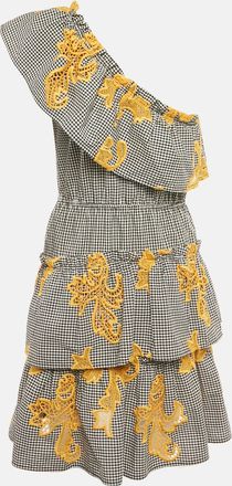Sandro Black Checkered Cotton & Contrast Cutwork Detail One Shoulder Tiered Mini Dress