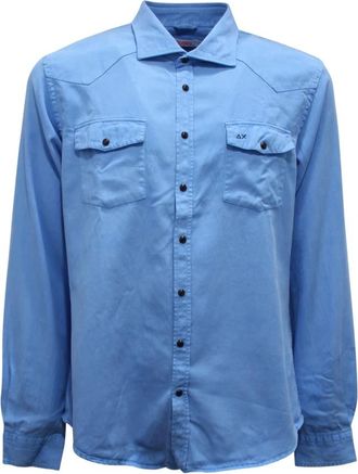Sun 68 Hemelsblauw Overdyed Gabardine Shirt - Heren - Spijkeroverhemden - Blauw - XL - Denim - Overhemden