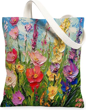 Generic Spring Oli Painting Gladiolus Canvas Tote Bag for Shopping 13x15, Floral Wildflower Garden Reusable Grocery Print Bag for Women Men, Flower Scene Aest