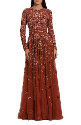 Mac Duggal Womens Embellished High Neck Long Sleeve A Line Gown in Cinnamon at Nordstrom, Size 18