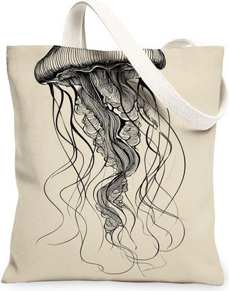 Generic Artistic Jellyfish Canvas Tote Bags, Minimalistic Design Reusable Grocery Bags, Eco-Friendly Lightweight Washable Canvas Fo, Beige, 13x15 Inch