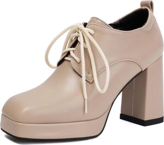 Generic Women Square Toe Lace Up Platform Pumps Chunky Block Heel Back Pull Tab Soft Upper Non Slip Sole Durable Comfortable Office Casual Shoes,Apricot,5.5 U