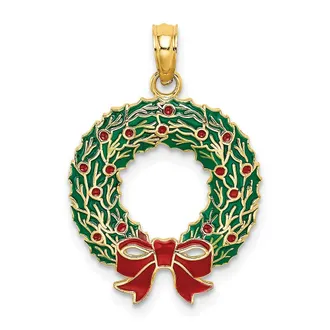 Diamond2Deal 14k Yellow Gold Enameled Christmas Wreath Charm Pendant