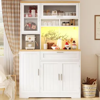 Merax Freestanding Tall Kitchen Dresser with Coffee Station, LED Light in White