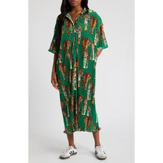 Dressed in Lala So Far So Good Oversize Pliss&eacute; Shirt Dress in Green at Nordstrom, Size Xx-Large