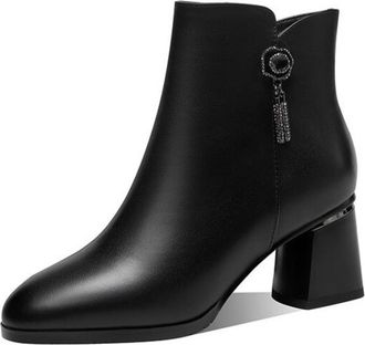 Generic Womens Ankle Boots Smooth PU Leather Round Toe Block Heels Side Zipper Glitter Tassel Detail Solid Color Stylish Durable Design,Black,3.5 UK