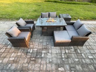 Fimous Wicker PE Rattan Garden Furniture Sets 7 Seater Patio Outdoor Gas Firepit Dining Table Heater Set with Double Seat Sofa in Dark Grey