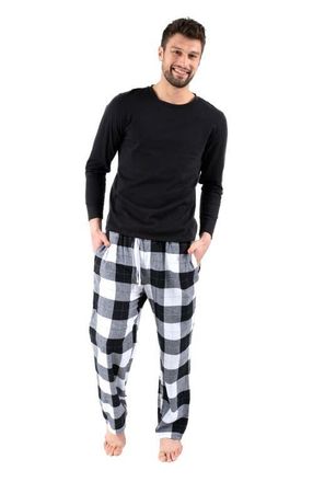 Leveret Mens Cotton Top & Flannel Pants Printed Holiday Pajama Set in Plaid Black & White at Nordstrom, Size Xxx-Large