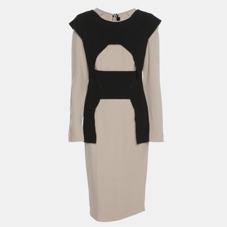 Roland Mouret Grey/black Stretch Crepe Long Sleeve Midi Dress
