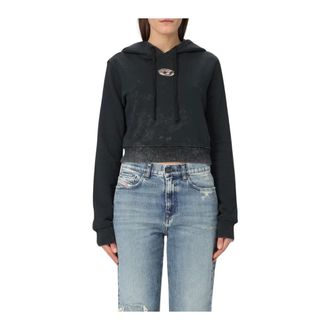 Diesel Hoodies & sweatvesten, Dames, Zwart, M, Cropped Hoodie Distressed Wash Logo
