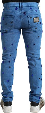 Dolce & Gabbana Mens Blue Crystal Embellished Skinny Denim Jeans Cotton Polyester Elastane Clothing