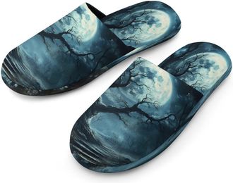 Generic Moon Dark Forests Mens Flannel Slipper Soft Non Slip House Shoes Comfy Winter Warm Indoor Outdoor Slippers