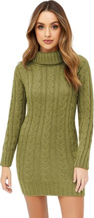 Janisramone Ladies Polo Neck Cable Knit Jumper Dress, Mini Bodycon Pullover, Long Sleeve Turtleneck Womens Sweater, Winter Knitted Casual & Party Wear Khaki