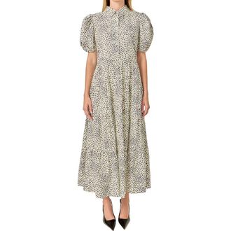 English Factory Print Puff Sleeve Maxi Dress in Beige/Black at Nordstrom, Size X-Small