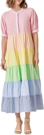 English Factory Stripe Colorblock Tiered Cotton Blend Dress in Multi at Nordstrom, Size Large