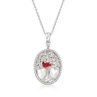 Ross-Simons Mother-Of-Pearl Tree Of Life Cardinal Pendant Necklace With White Topaz and Multicolored Enamel in Sterling Silver