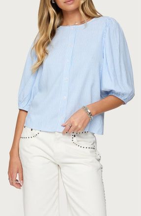 Edikted Crop Pinstripe Button-Up Shirt in Light-Blue at Nordstrom, Size X-Large