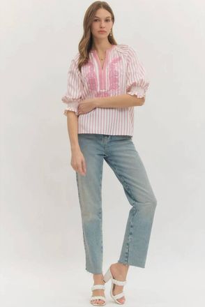 Entro Stripe Puff Sleeve Top In Pretty In Pink